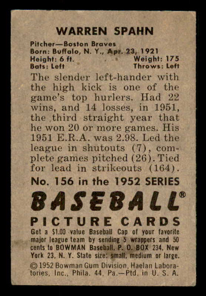 1952 Bowman Baseball #156 Warren Spahn Braves VG-EX 548226