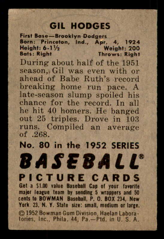 1952 Bowman Baseball #080 Gil Hodges Dodgers VG-EX 548227