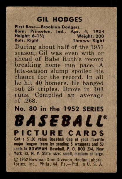 1952 Bowman Baseball #080 Gil Hodges Dodgers VG-EX 548227