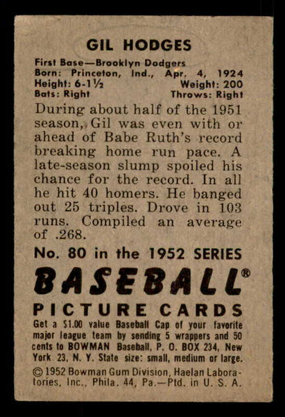 1952 Bowman Baseball #080 Gil Hodges Dodgers VG-EX 548227