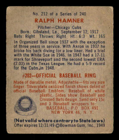 1949 Bowman Baseball #212 Ralph Hamner Cubs VG 548230