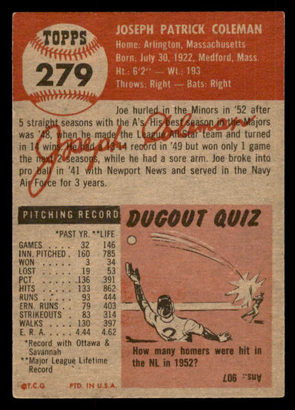 1953 Topps Baseball #279 Joe Coleman A's EX-MT 548247