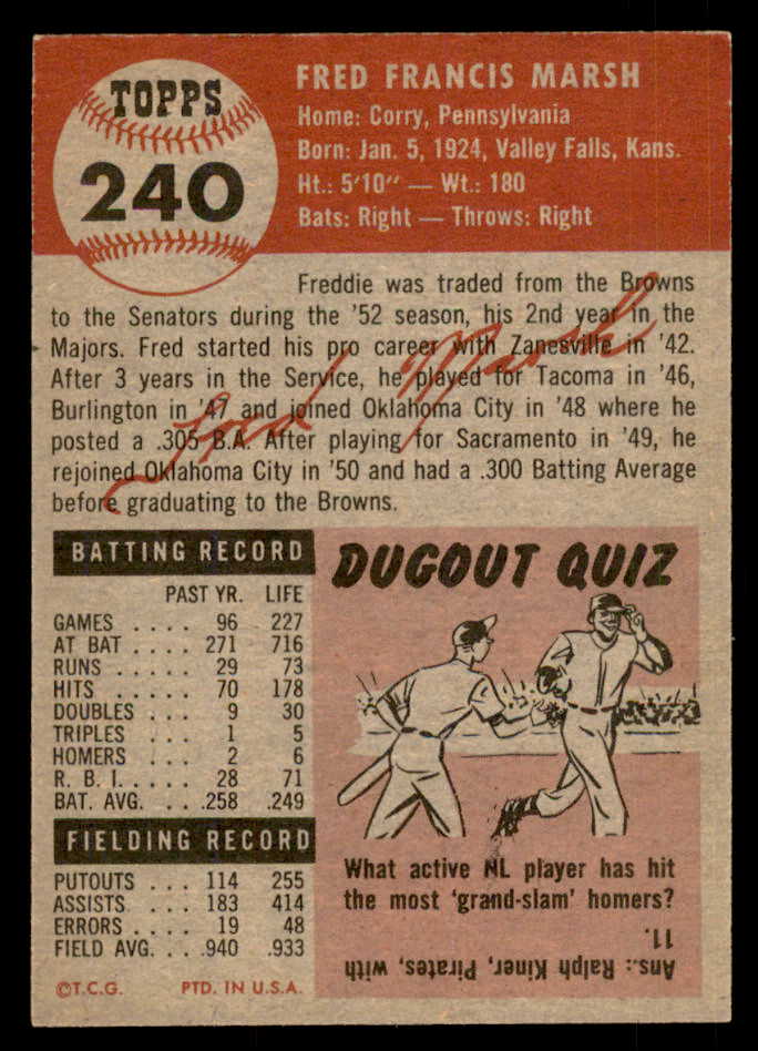 1953 Topps Baseball #240 Fred Marsh White Sox EX-MT 548257