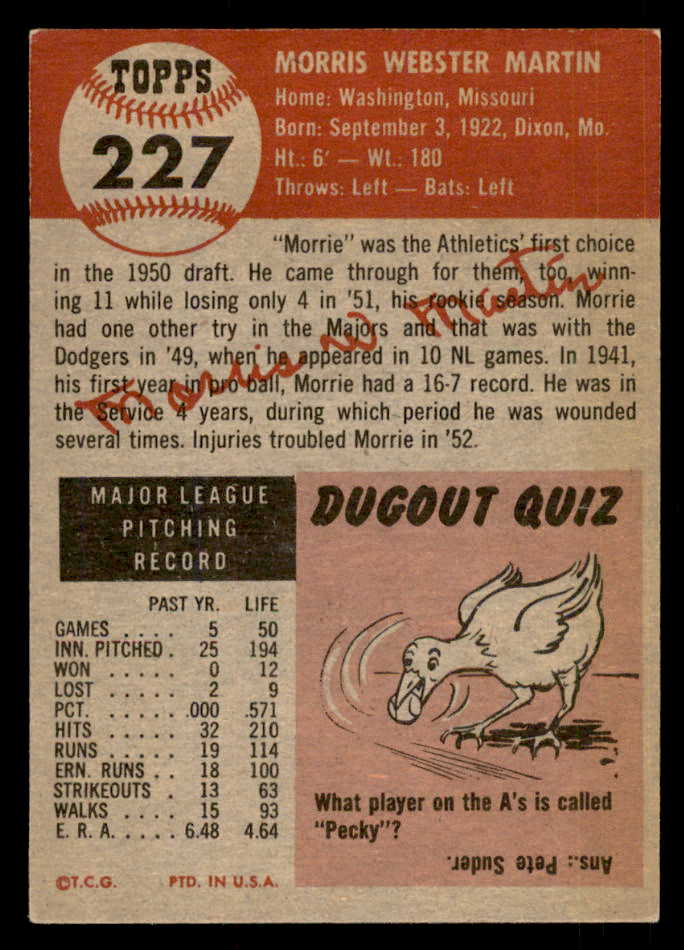 1953 Topps Baseball #227 Morrie Martin A's EX-MT 548263