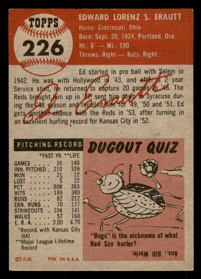 1953 Topps Baseball #226 Ed Erautt Reds EX-MT 548264