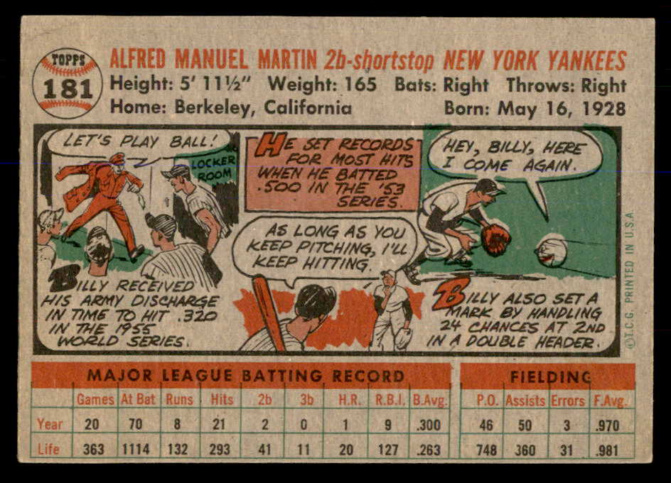 1956 Topps Baseball #181 Billy Martin Yankees EX 548274