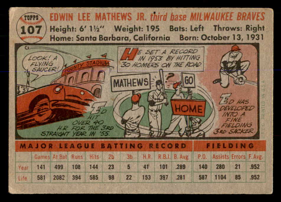 1956 Topps Baseball #107 Eddie Mathews Braves VG Gray 548278