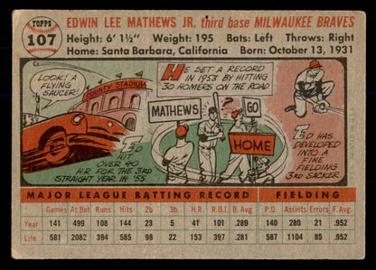 1956 Topps Baseball #107 Eddie Mathews Braves VG Gray 548278