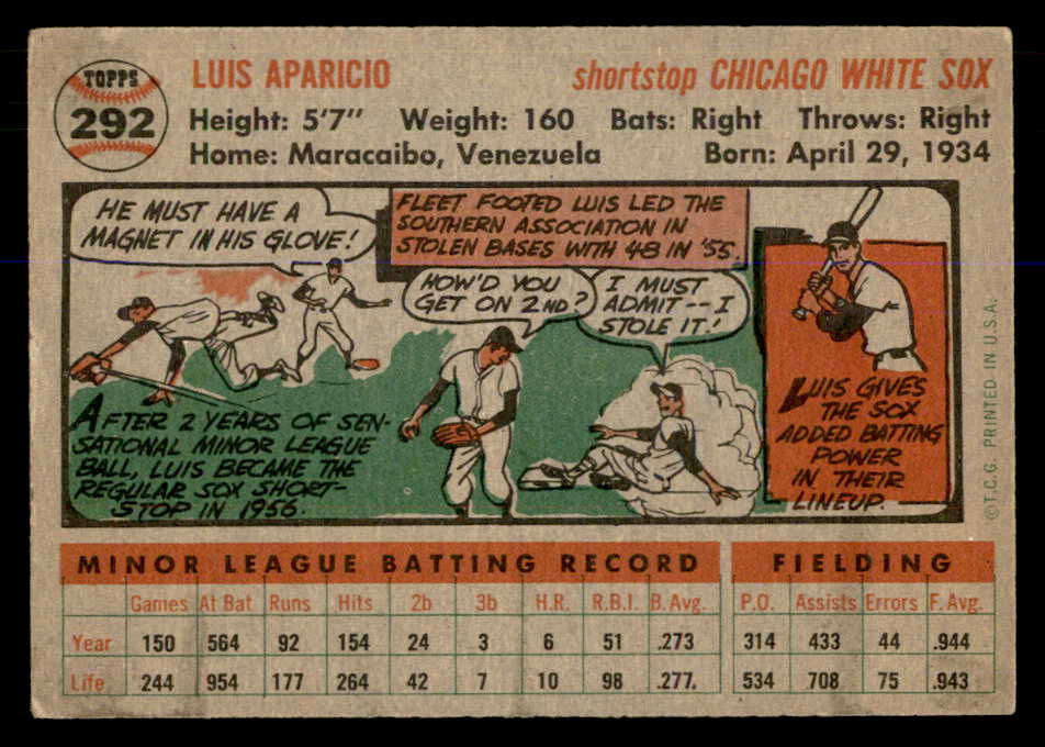 1956 Topps Baseball #292 Luis Aparicio White Sox VG-EX 548287