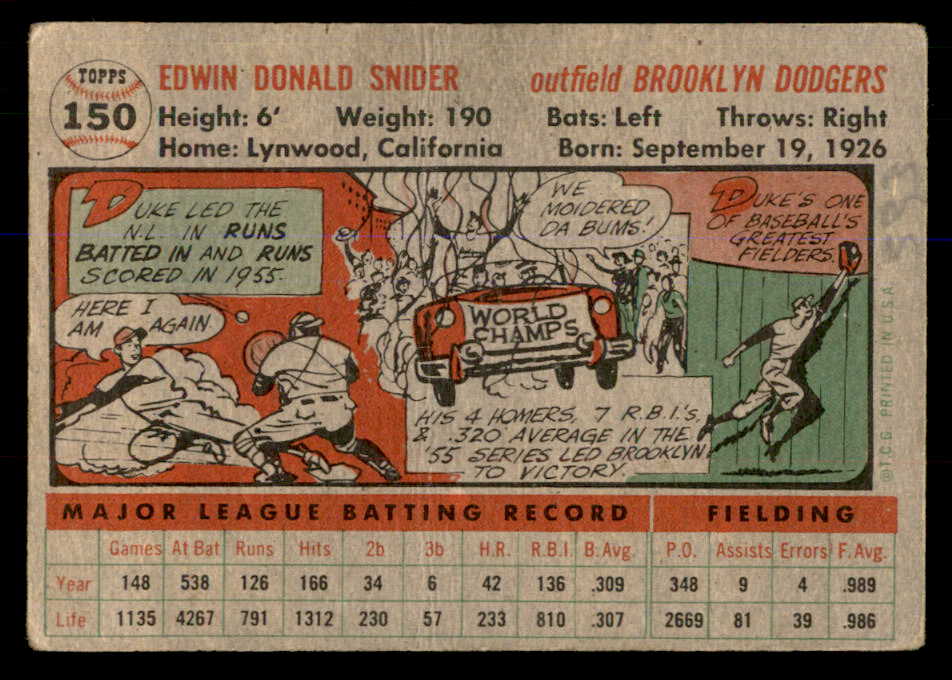 1956 Topps Baseball #150 Duke Snider Dodgers VG Gray 548293
