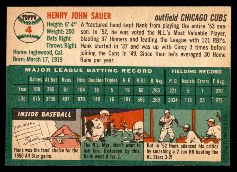 1954 Topps Baseball #004 Hank Sauer Cubs EX-MT 548300
