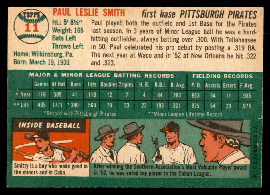 1954 Topps Baseball #011 Paul Smith Pirates EX-MT 548306