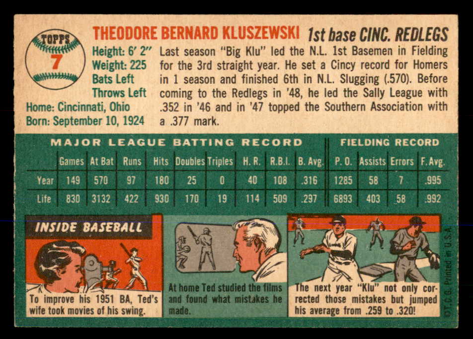 1954 Topps Baseball #007 Ted Kluszewski Reds EX-MT 548307