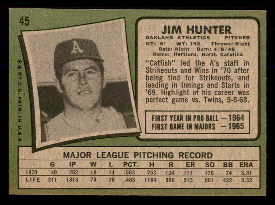 1971 Topps Baseball #045 Catfish Hunter A's EX-MT 548313