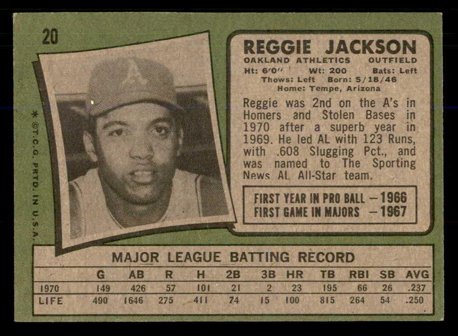 1971 Topps Baseball #020 Reggie Jackson A's EX-MT 548315