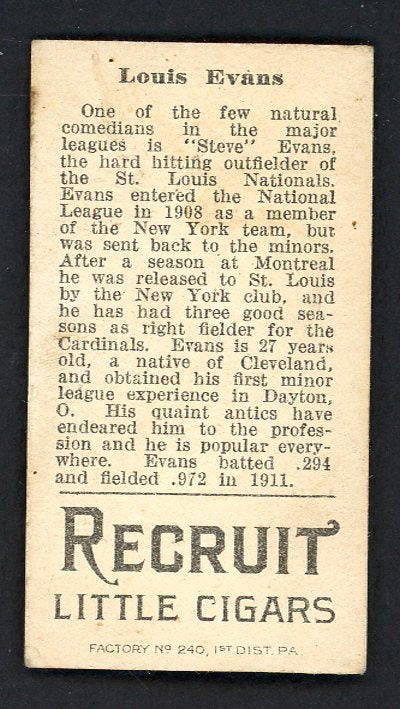 1912 T207 T 207 Lou Evans Cardinals VG-EX 548461