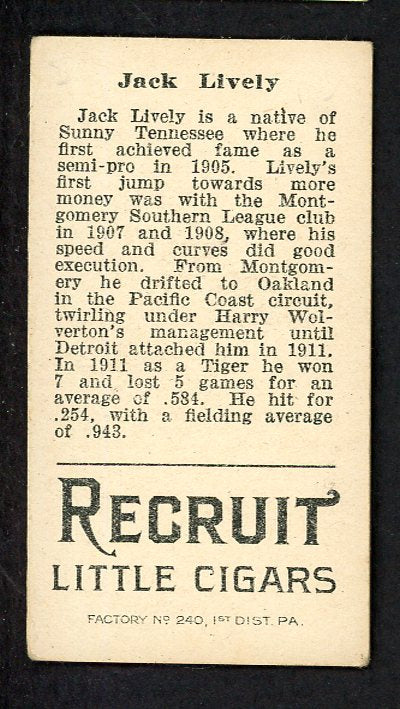 1912 T207 T 207 Jack Lively Tigers VG-EX 548463