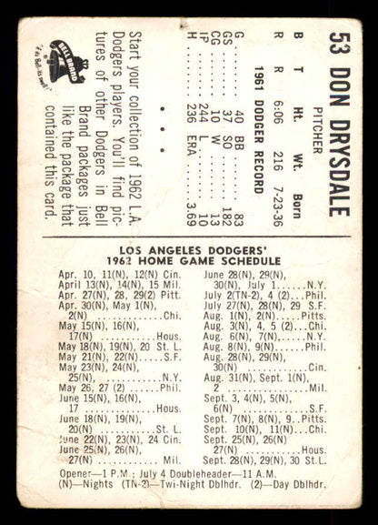 1962 Bell Brand #053 Don Drysdale Dodgers Fair 548577