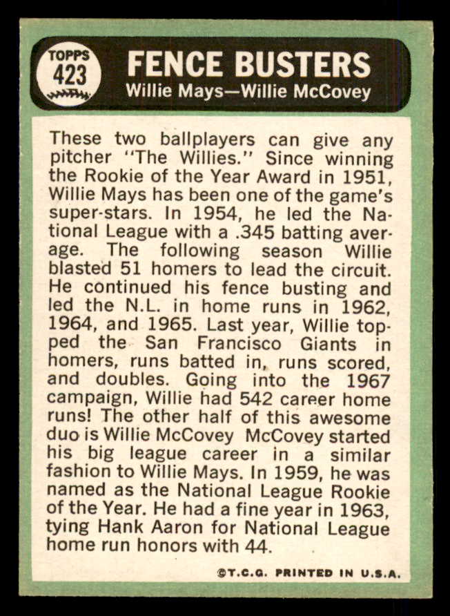 1967 Topps Baseball #423 Willie Mays Willie McCovey VG-EX 548624