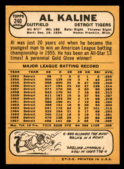 1968 Topps Baseball #240 Al Kaline Tigers NR-MT 548635