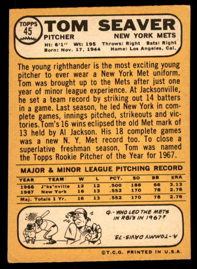 1968 Topps Baseball #045 Tom Seaver Mets EX 548684