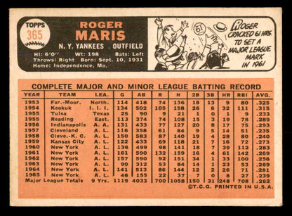 1966 Topps Baseball #365 Roger Maris Yankees EX 548702