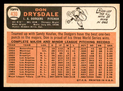 1966 Topps Baseball #430 Don Drysdale Dodgers EX 548706