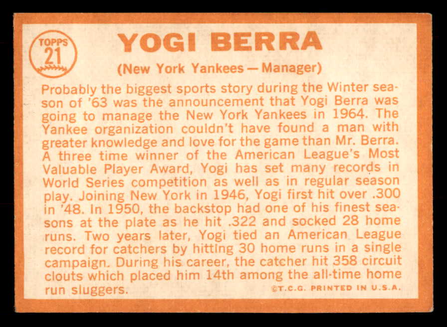 1964 Topps Baseball #021 Yogi Berra Yankees EX 548720
