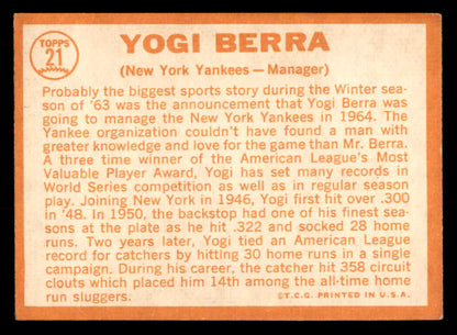 1964 Topps Baseball #021 Yogi Berra Yankees EX 548720