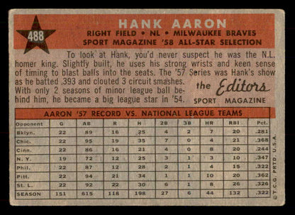 1958 Topps Baseball #488 Hank Aaron A.S. Braves VG-EX 548734