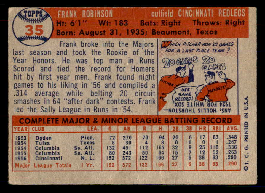 1957 Topps Baseball #035 Frank Robinson Reds VG 548747