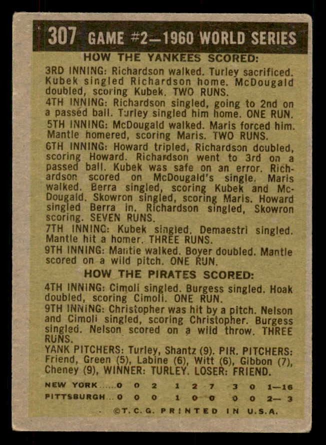 1961 Topps Baseball #307 World Series Game 2 Mickey Mantle VG 548765