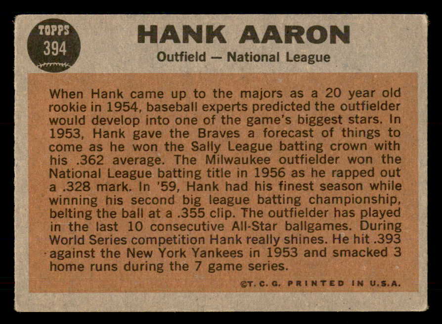 1962 Topps Baseball #394 Hank Aaron A.S. Braves VG 548768