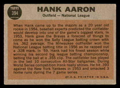 1962 Topps Baseball #394 Hank Aaron A.S. Braves VG 548768