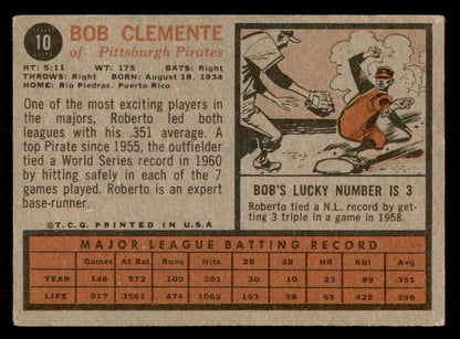 1962 Topps Baseball #010 Roberto Clemente Pirates VG 548775