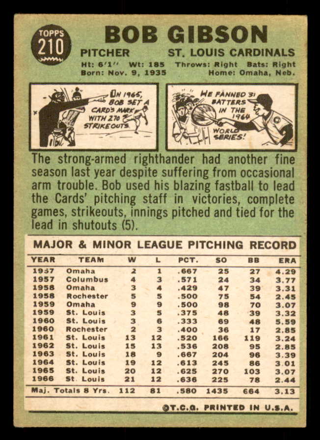 1967 Topps Baseball #210 Bob Gibson Cardinals VG 548799