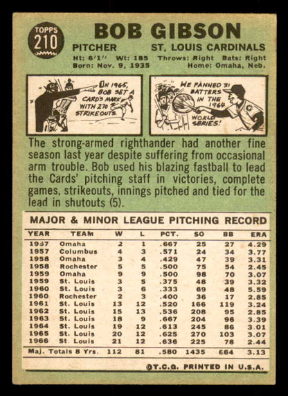 1967 Topps Baseball #210 Bob Gibson Cardinals VG 548799