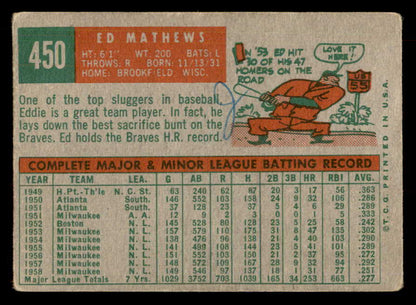 1959 Topps Baseball #450 Eddie Mathews Braves Good ink back 548839