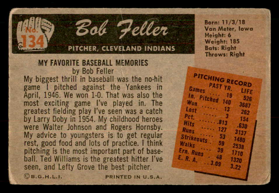 1955 Bowman Baseball #134 Bob Feller Indians GD-VG 548871