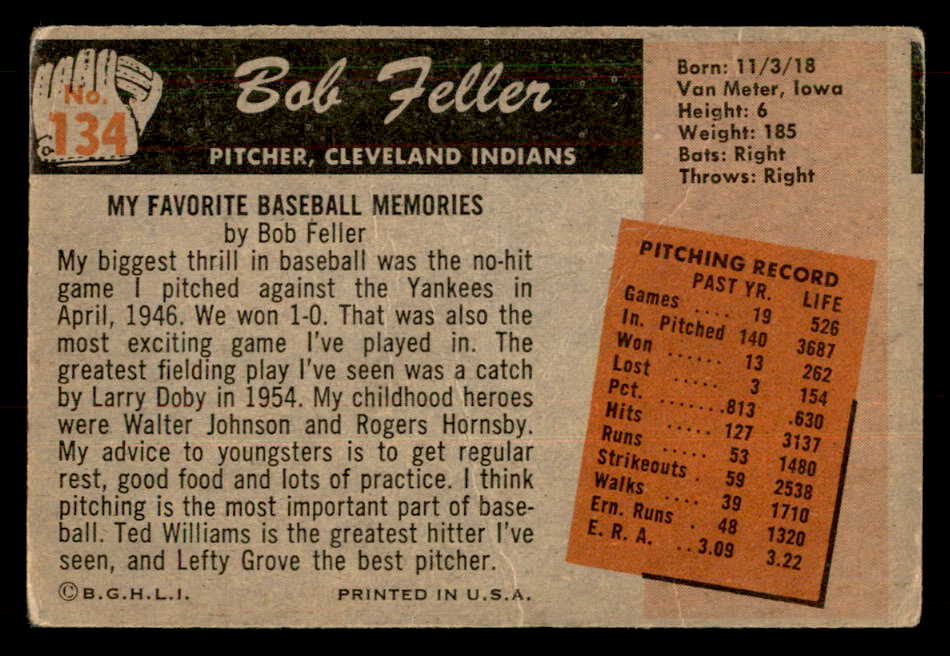 1955 Bowman Baseball #134 Bob Feller Indians GD-VG 548872