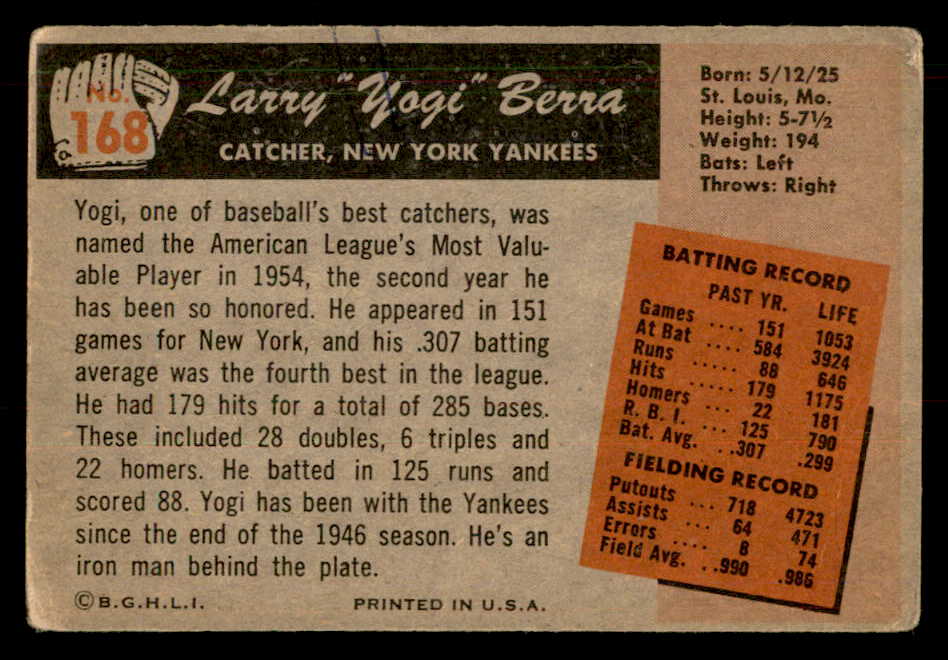 1955 Bowman Baseball #168 Yogi Berra Yankees VG 548877