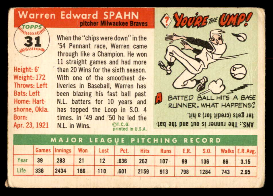 1955 Topps Baseball #031 Warren Spahn Braves GD-VG 548886