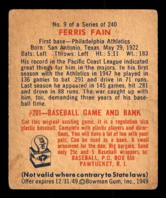 1949 Bowman Baseball #009 Ferris Fain A's VG 548900