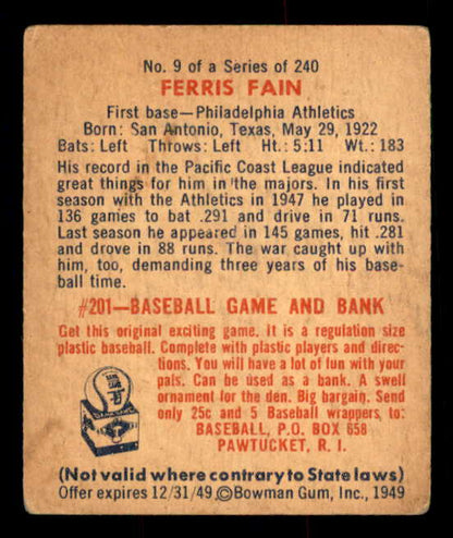 1949 Bowman Baseball #009 Ferris Fain A's VG 548900
