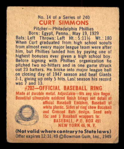 1949 Bowman Baseball #014 Curt Simmons Phillies VG-EX 548904