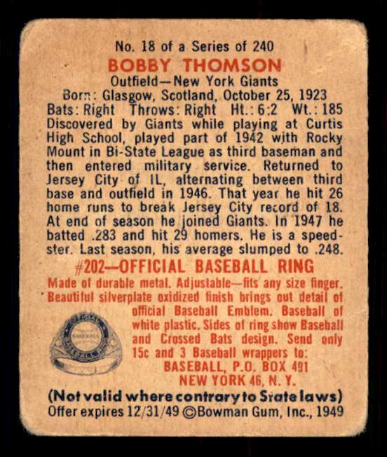 1949 Bowman Baseball #018 Bobby Thomson Giants VG 548907