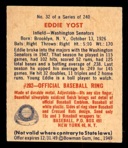1949 Bowman Baseball #032 Eddie Yost Senators EX-MT 548917
