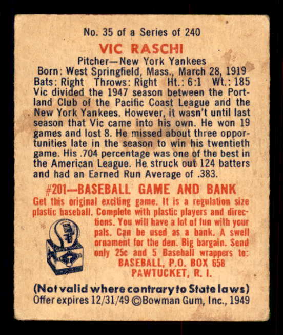 1949 Bowman Baseball #035 Vic Raschi Yankees EX 548919
