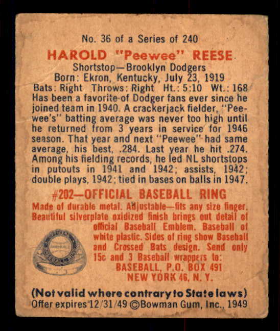 1949 Bowman Baseball #036 Pee Wee Reese Dodgers GD-VG 548920