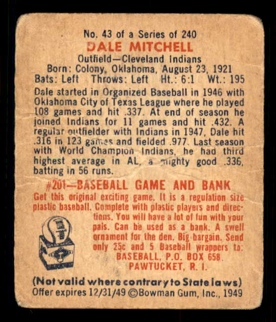 1949 Bowman Baseball #043 Dale Mitchell Indians GD-VG 548928